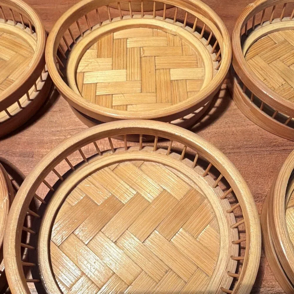 MCM/Rustic Bamboo Woven Round Coaster & Holder Set of 6 Stackable with Rack